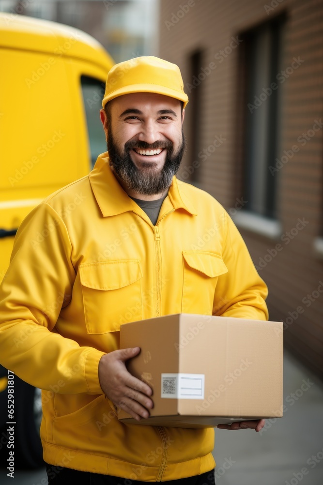 Happy delivery man in uniform standing in front of his delivery van. Generative AI Happy delivery man in uniform standing in front of his delivery van. Generative AI