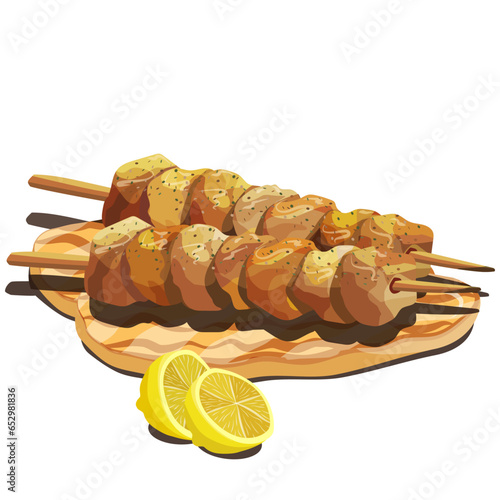 Char-grilled chicken skewers (souvlaki) with fluffy pita bread and lemon. Favorite Greek food. Vector illustration with copy space.