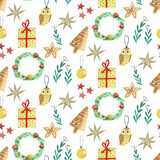 Watercolor Christmas seamless wallpaper with spruce branches, eucalyptus and pinecones cone . Repeating texture isolated on white background. Pattern for wrapping paper, print or fabric