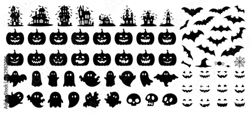 Set of halloween silhouettes black icon and character. Vector illustration. Isolated on white background