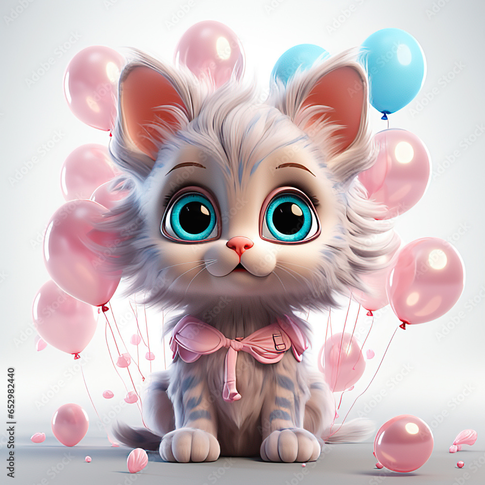 pink cat with balloons hero character cartoon kids illustration