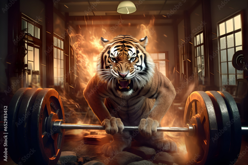 Tiger exercising with a barbell in the gym, Tiger on Fire, Ai Generated - obrazy, fototapety, plakaty 