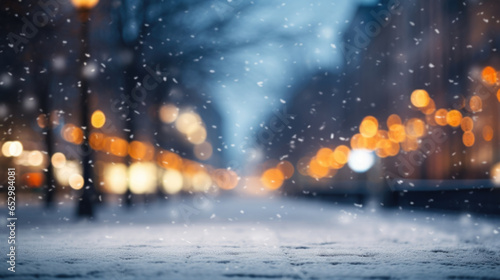 Background blur city evening snow, Christmas winter, generative ai © OP38Studio