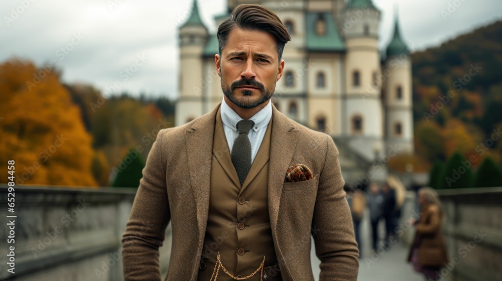 Stylish Man in elegant attire posing in front of vintage castle
Stylish Man in elegant attire posing in front of vintage castle