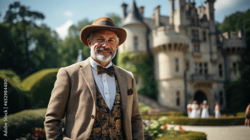 Stylish Man in elegant attire posing in front of vintage castle
Stylish Man in elegant attire posing in front of vintage castle