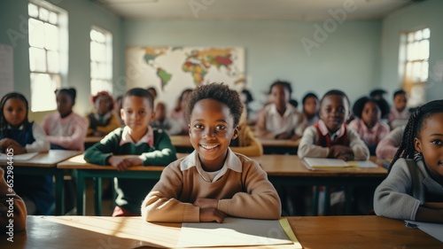 Enthusiastic African Children Eager to Learn, with a Smiling Boy in the Foreground