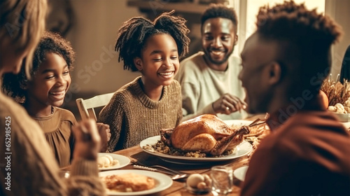 happy black family enjoying thanksgiving dinner