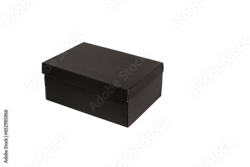 Black box closed with shoes or other household goods on white background, isolated, place for advertising