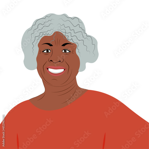 Smiling senior woman with dark skin.
