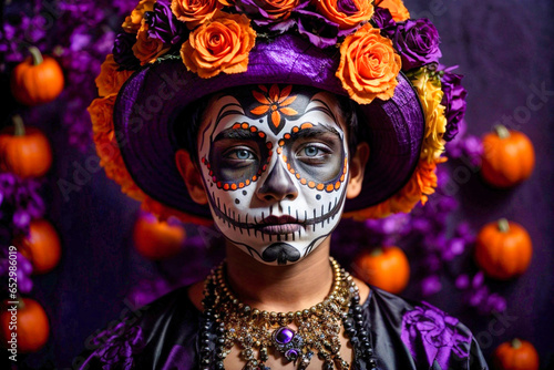 Un garçon habillé et maquillé d'Halloween Sugar Skull mexicain photo