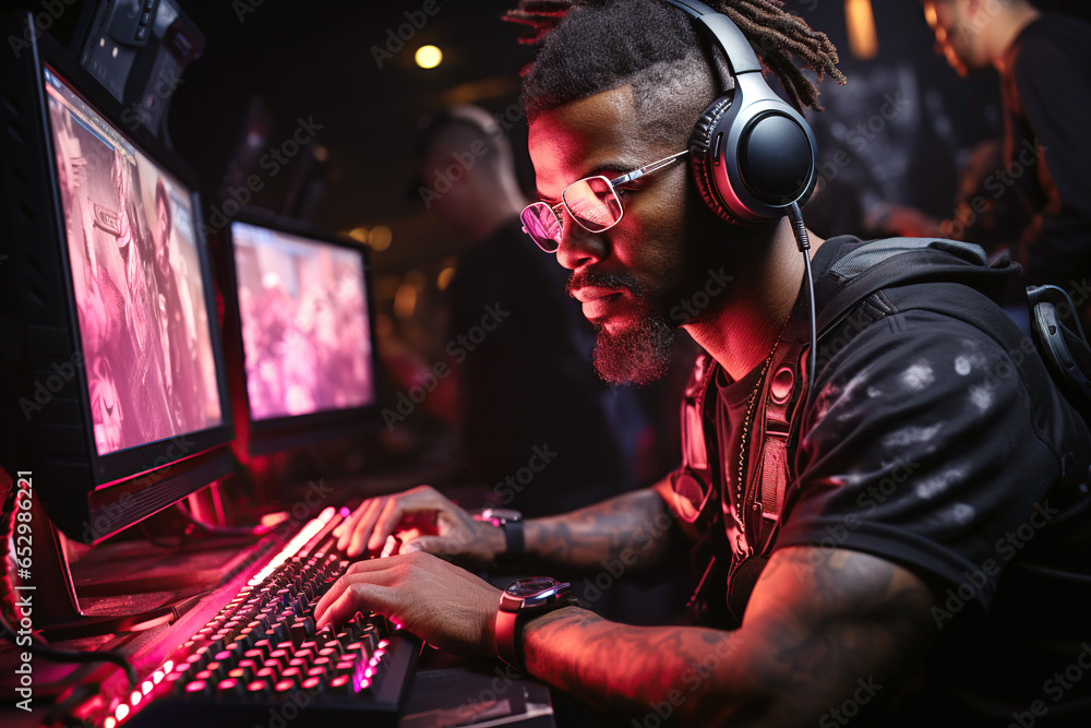 black man esports player in headphones playing at computer at the cybersport championship black man esports player in headphones playing at computer at the cybersport championship