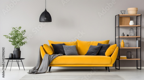 sofa with pillows and dark yellow blanket in bright living room interior with black chandelier and plants.