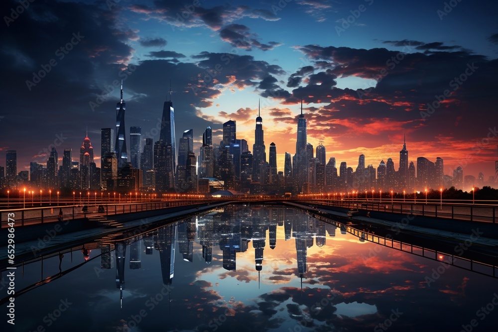 A breathtaking shot of a modern cityscape with evening lighting. A breathtaking shot of a modern cityscape with evening lighting.