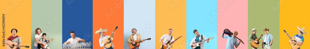 Set of people playing musical instruments and singing on color background - obrazy, fototapety, plakaty 