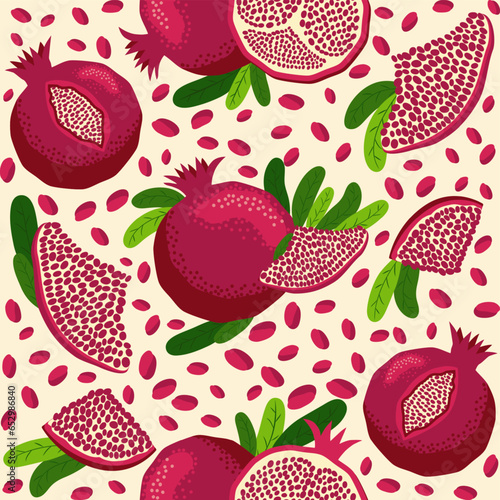 Pomegranate fruit seamless pattern. Bright leaves and fruits, seeds and lobules. Shana Tova seamless pattern