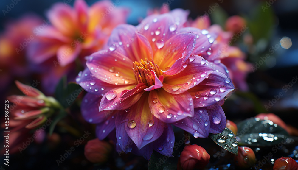 Vibrant colored flowers bloom in nature close up, showcasing beauty generated by AI