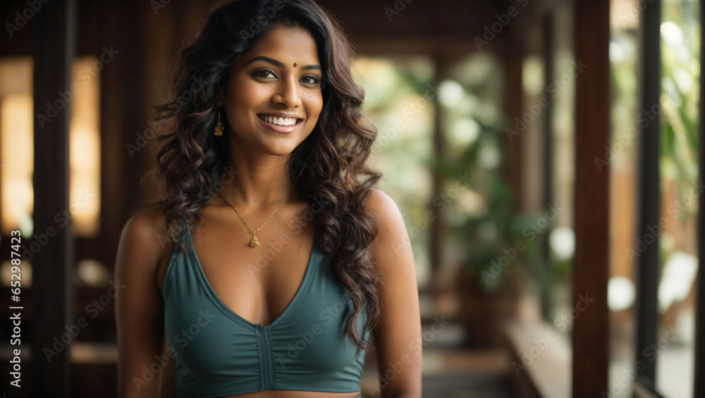 Bellissima ragazza di origini indiane sorride vestita con top per la ginnastica pronta per fare yoga