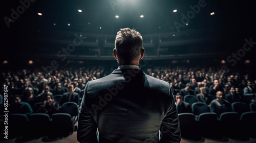Back view of a motivational speaker standing on stage in front of an audience delivering a motivational speech at a conference or business event.