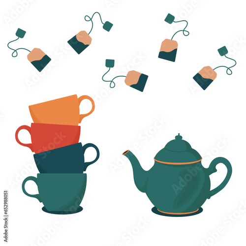 set of teapot and cups, teapot and tea bags. Set of various cups, mugs and teapots for tea. Hand drawn colorful vector illustration. Isolated design elements
