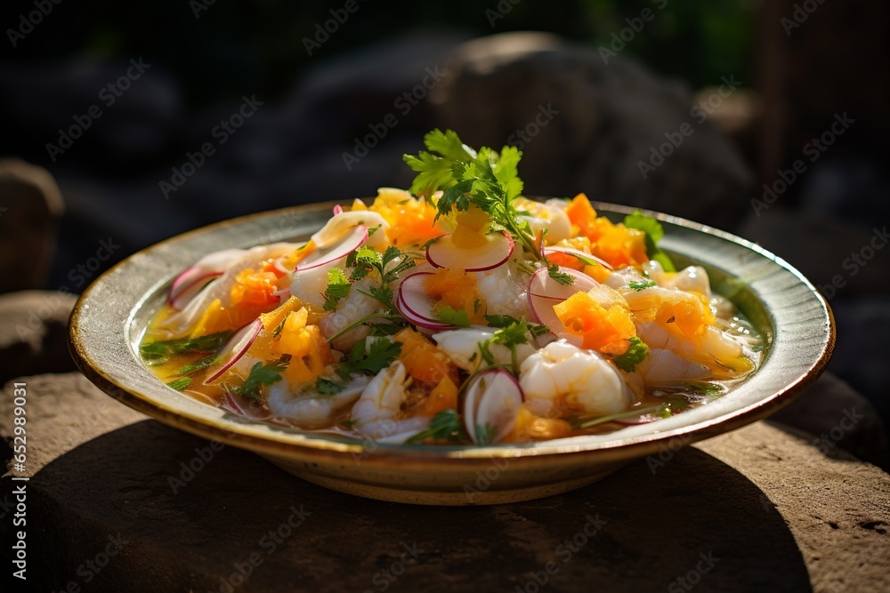 Vibrant and alluring ceviche, traditionally presented on a rustic wooden setup, echoing the authentic eateries of Peru's coastline. Vibrant and alluring ceviche, traditionally presented on a rustic wooden setup, echoing the authentic eateries of Peru's coastline.
