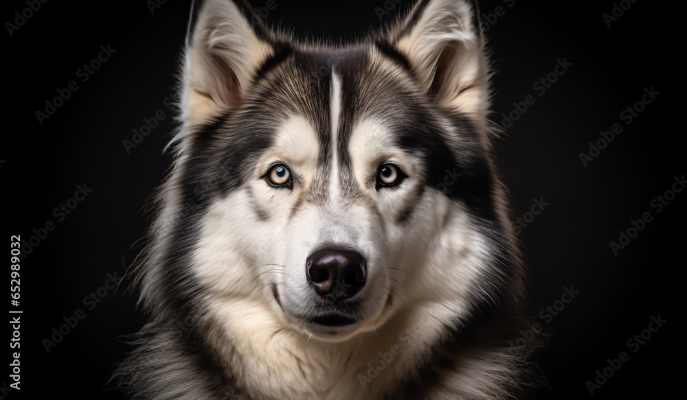 Realistic portrait of Malamute dog. AI generated