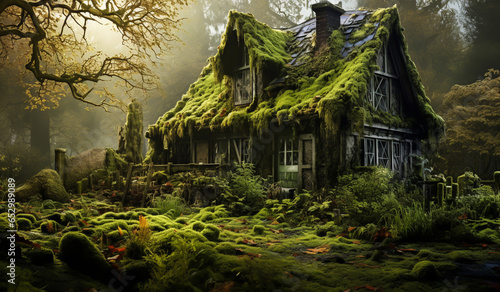 Old and abandoned house covered in moss  in the middle of the forest. AI generated