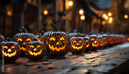 A spooky Halloween night, glowing pumpkin lanterns illuminate the darkness generated by AI
