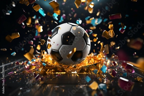 An energetic 3D rendering of a soccer scene with vibrant confetti accents