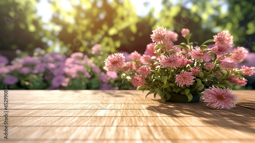 flowers at wooden flour decoration in outside  generative AI