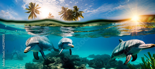 Fototapeta Naklejka Na Ścianę i Meble -  panoramic view of underwater view of a group of gray dolphin sswimming in a caribbean beach at sunset