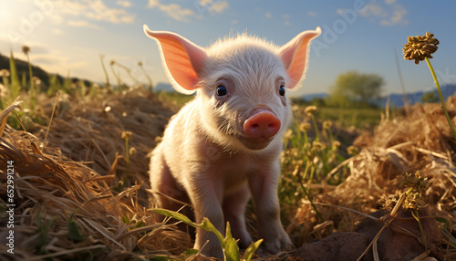 A cute piglet grazing on a green meadow in summer generated by AI © grgroup