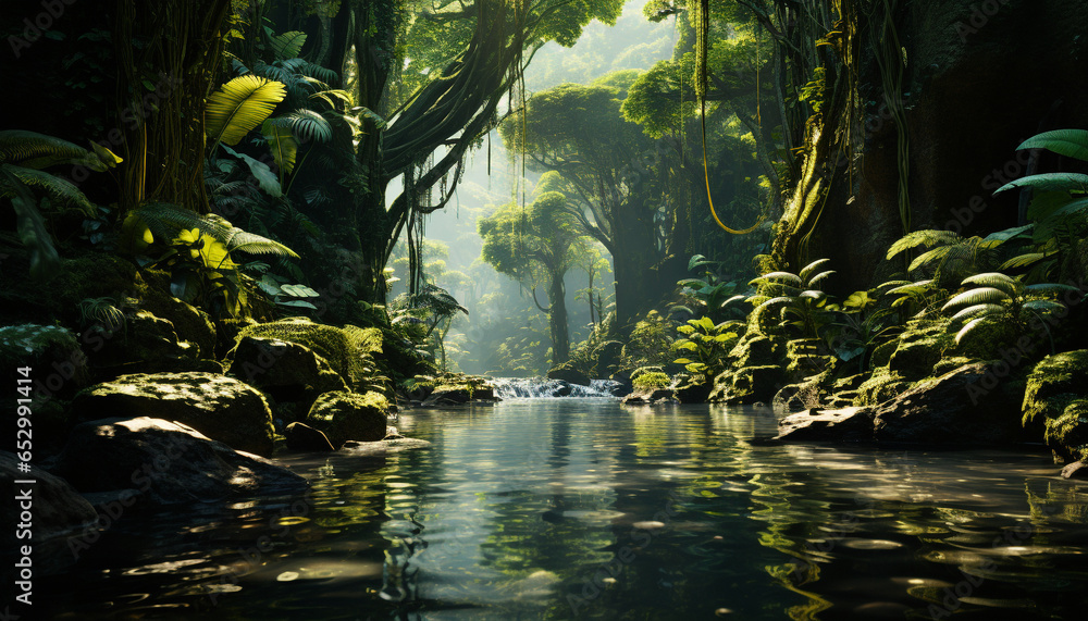 Tranquil scene: green forest, flowing water, animals in the wild generated by AI