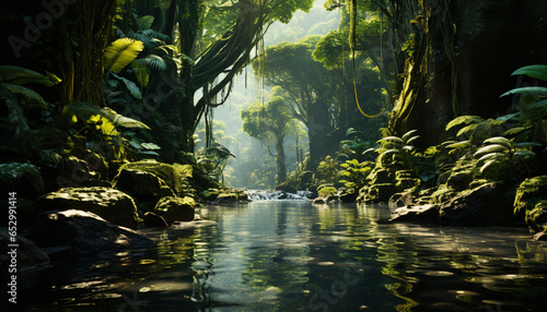 Tranquil scene  green forest  flowing water  animals in the wild generated by AI
