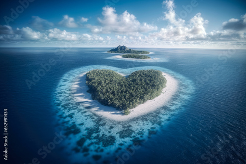 Top view of small exotic island with deep turquoise and emerald open ocean sea