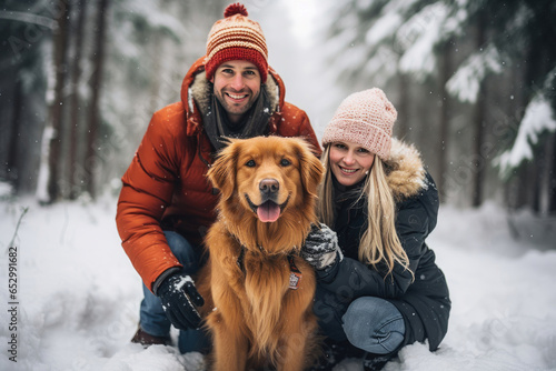 Young family with dog on winter walk. Married couple with golden retriever in forest. Trees in park. Christmas illustration. Concept of caring for pet, domestic animal, joy, happiness. Generative AI © brajianni