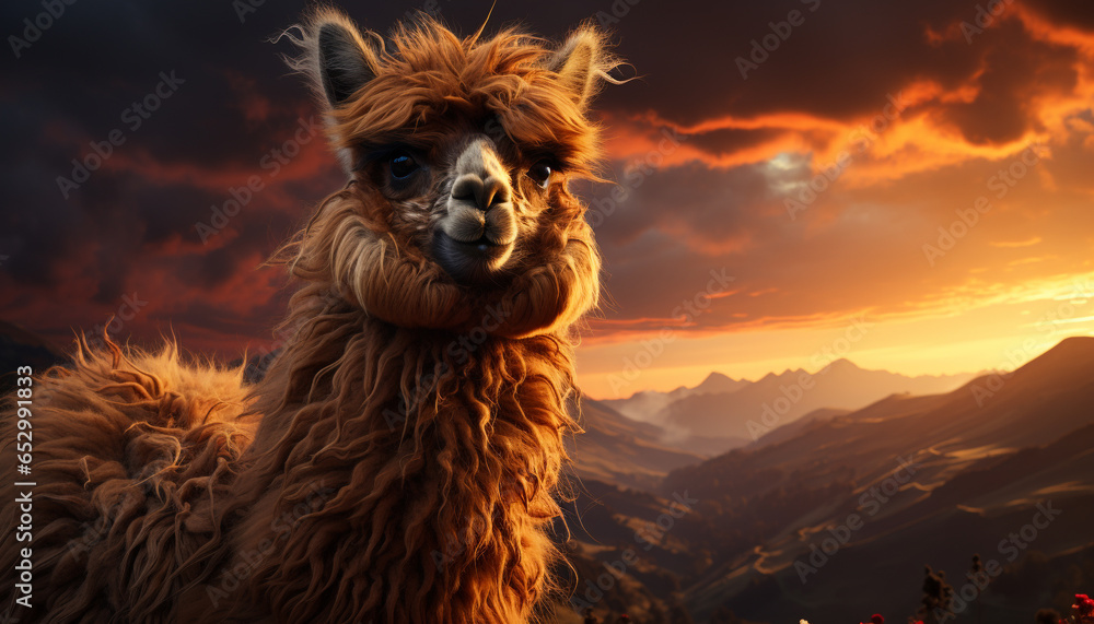 Obraz premium Alpaca grazing on a mountain meadow, sunset paints the landscape generated by AI