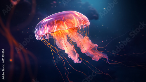 a jellyfish floating in a blue sea, in the style of light maroon and orange © alex