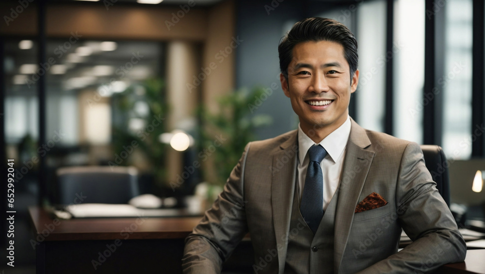 Bellissimo uomo d'affari asiatico, giapponese, in ufficio con vestito elegante, giacca e cravatta Bellissimo uomo d'affari asiatico, giapponese, in ufficio con vestito elegante, giacca e cravatta