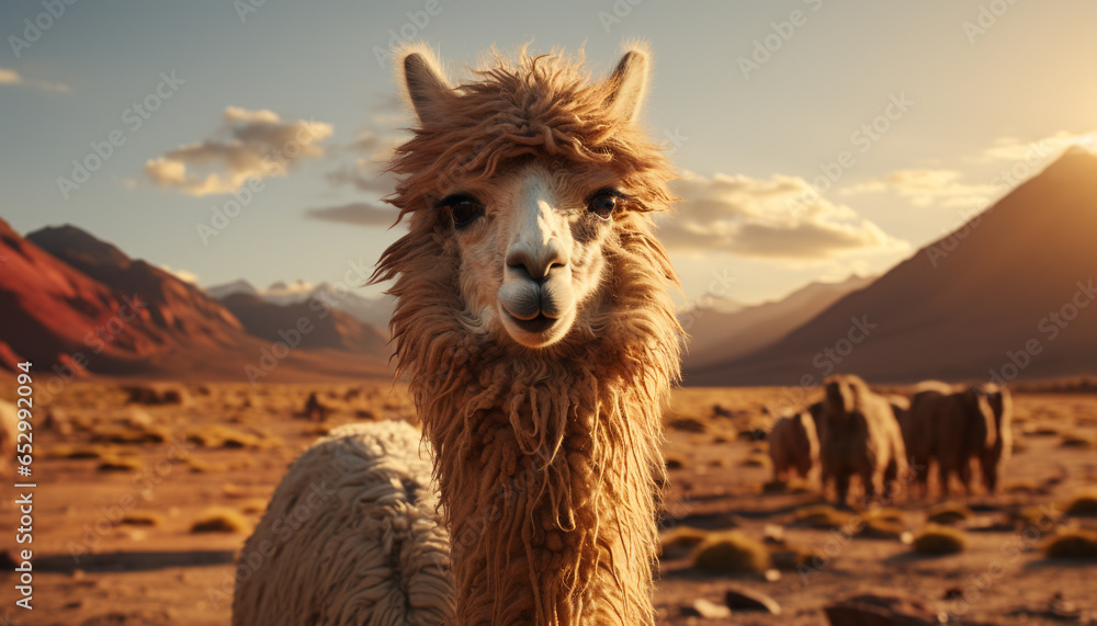 A cute alpaca smiles, looking at camera, in mountain landscape generated by AI