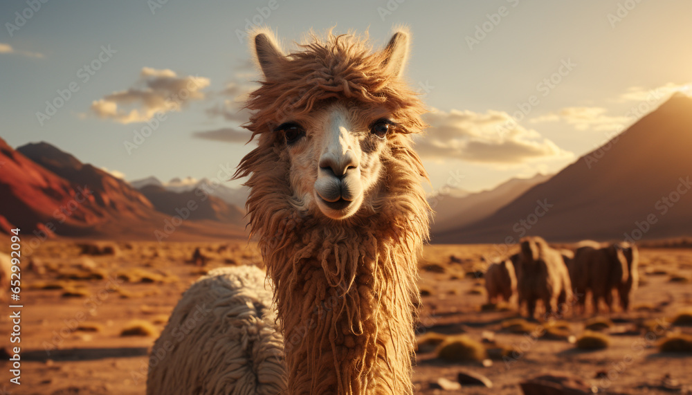 Obraz premium A cute alpaca smiles, looking at camera, in mountain landscape generated by AI