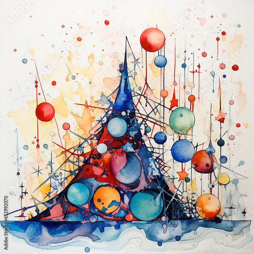 Watercolor abstract colorful background with christmas tree and large decorative balls for card decoration. photo