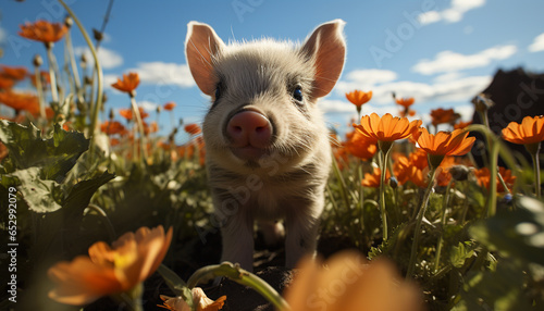 Cute piglet grazing in a green meadow, surrounded by daisies generated by AI