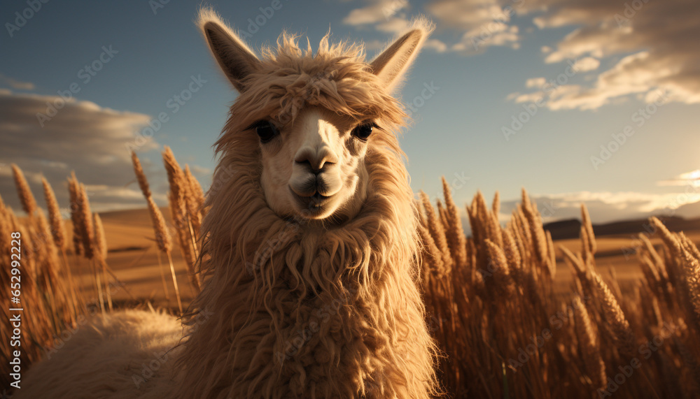 Alpaca grazing in the golden meadow, nature cute woolly portrait generated by AI