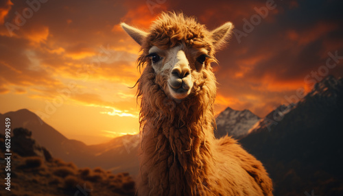 Alpaca grazing on a mountain farm  sunset paints nature beauty generated by AI