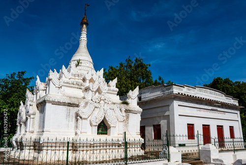 White stupa inside of the Schwezigon Paya grounds in Nyaung U, Myanmar, Asia