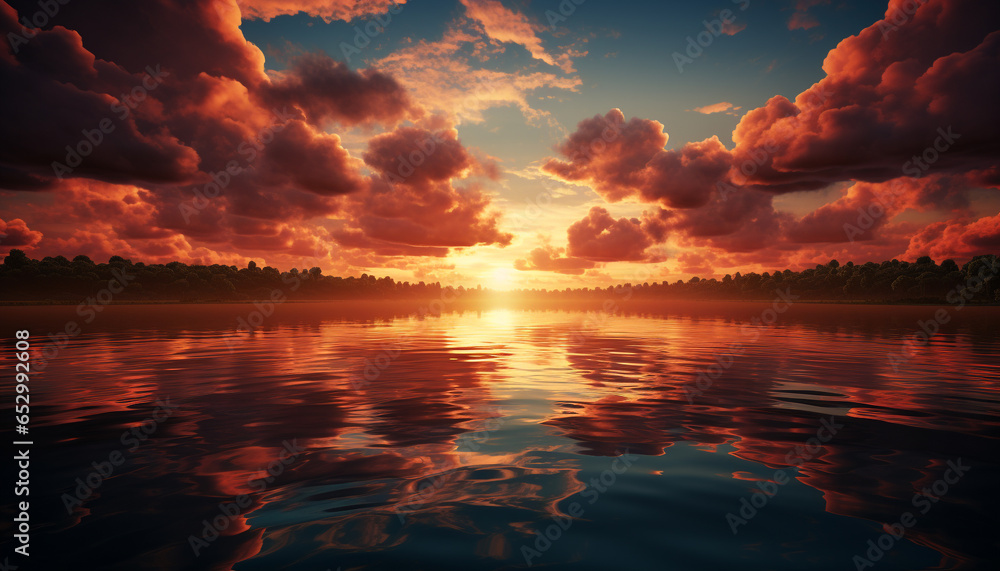 A tranquil sunset reflects vibrant colors over the calm water generated by AI