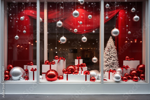 Shop Window with festive red white Christmas decorations. AI Generative