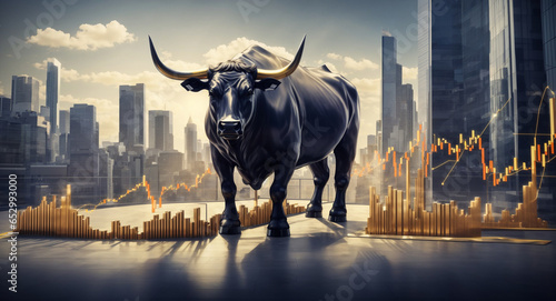 Financial investment in bull market, city ​​and graphic view in the background. (Productive AI)