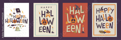Set of 4 Halloween cards. Happy haloween! Vector illustrations separated. Flat design and hand lettering. Colorfull palet. Treat or trick