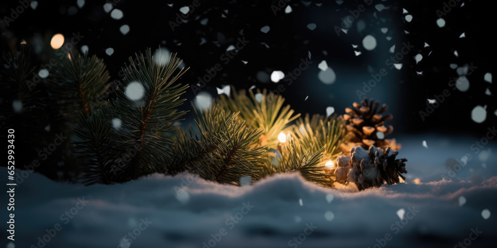 Christmas Tree Branches in Snow. Fir or Pine branches and cones in snow. Abstract Christmas, New Year, XMas, Winter Background Christmas Tree Branches in Snow. Fir or Pine branches and cones in snow. Abstract Christmas, New Year, XMas, Winter Background